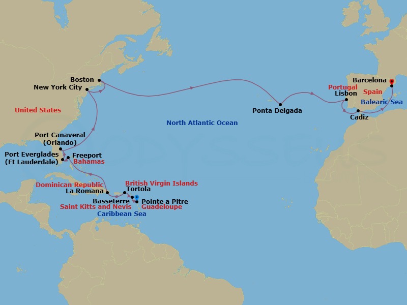Route map: Pointe-a-Pitre → Basseterre (Saint Kitts) → Road Habour (Tortola) → La Romana → FREEPORT → PORT EVERGLADES → P CANAVERAL → NEW YORK → BOSTON → Ponta Delgada (Azores)