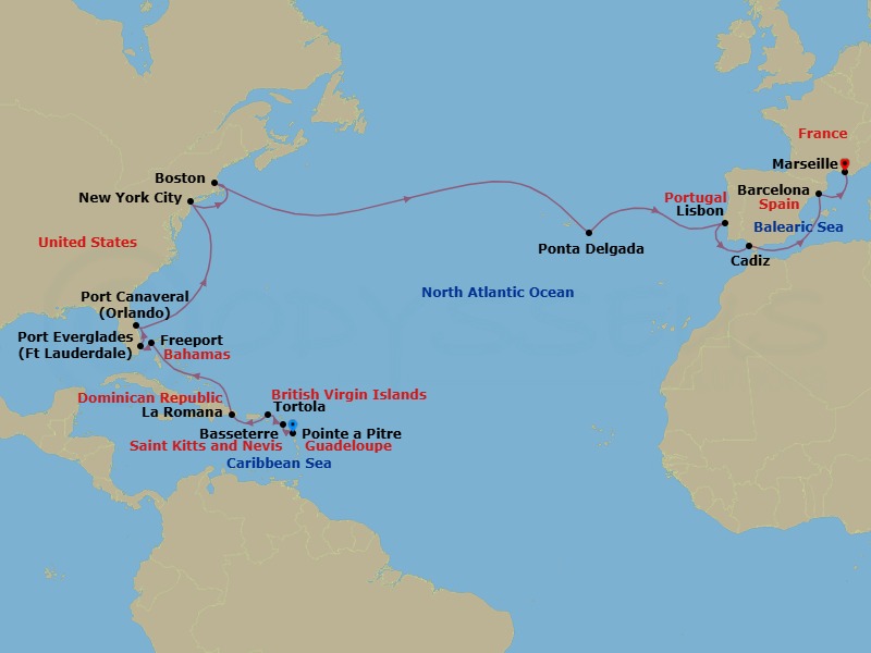 Route map: Pointe-a-Pitre → Basseterre (Saint Kitts) → Road Habour (Tortola) → La Romana → FREEPORT → PORT EVERGLADES → P CANAVERAL → NEW YORK → BOSTON → Ponta Delgada (Azores)