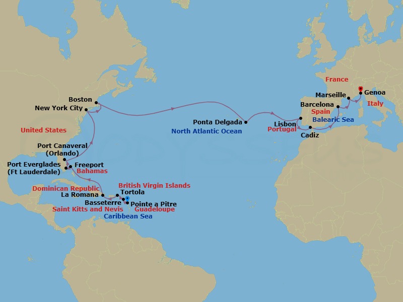 Route map: Pointe a Pitre → Basseterre → Tortola → La Romana → Freeport → Ft Lauderdale (Port Everglades) → Orlando (Port Canaveral) → New York City → Boston → Ponta Delgada