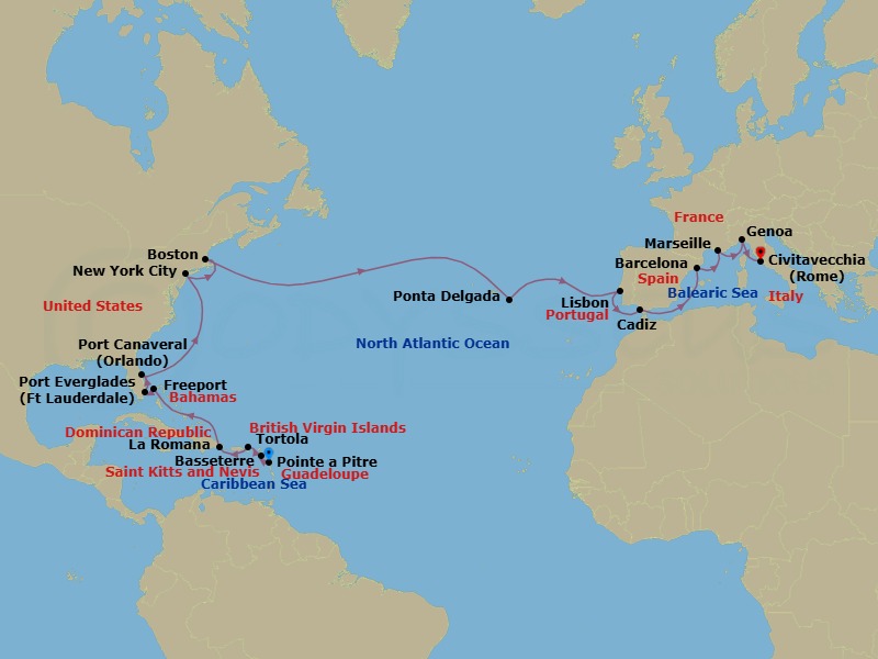Route map: Pointe-a-Pitre → Basseterre (Saint Kitts) → Road Habour (Tortola) → La Romana → FREEPORT → PORT EVERGLADES → P CANAVERAL → NEW YORK → BOSTON → Ponta Delgada (Azores)