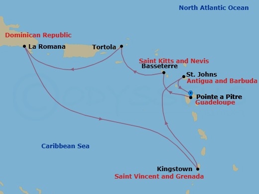 Route map: Pointe-a-Pitre → Basseterre (Saint Kitts) → Road Habour (Tortola) → La Romana → Kingstown (Saint Vincent) → St Johns (Antigua) → Pointe-a-Pitre