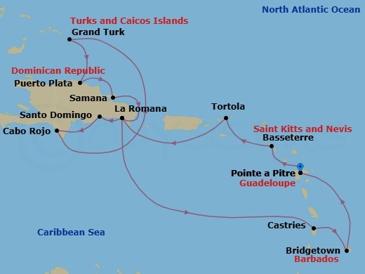 Route map: Pointe-a-Pitre → Basseterre (Saint Kitts) → Road Habour (Tortola) → La Romana → Santo Domingo → Cabo Rojo → Grand Turks → PUERTO PLATA → Arroyo Barril (Samana) → La Romana