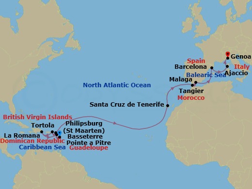 Route map: Pointe-a-Pitre → Basseterre (Saint Kitts) → Road Habour (Tortola) → La Romana → Philipsburg → Santa Cruz (Tenerife) → Tangier → Malaga → Barcelona → Ajaccio (Corsica)
