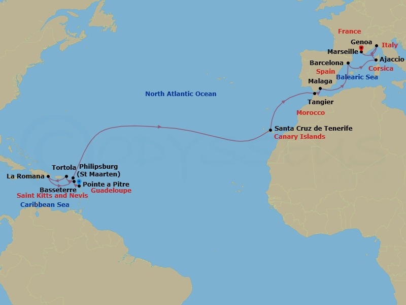 Route map: Pointe-a-Pitre → Basseterre (Saint Kitts) → Road Habour (Tortola) → La Romana → Philipsburg → Santa Cruz (Tenerife) → Tangier → Malaga → Barcelona → Ajaccio (Corsica)