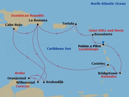 Route map: Pointe-a-Pitre → Basseterre (Saint Kitts) → Road Habour (Tortola) → La Romana → CURACAO Willemstad → ARUBA Oranjestad → Kralendijk → Cabo Rojo → La Romana → Castries