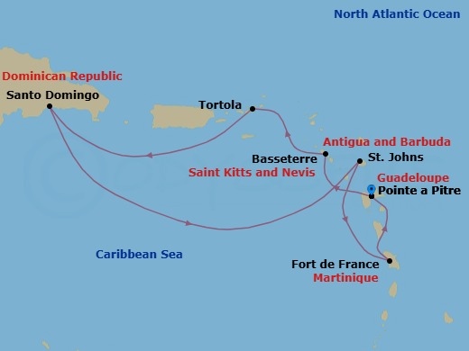 Route map: Pointe-a-Pitre → Basseterre (Saint Kitts) → Road Habour (Tortola) → Santo Domingo → St Johns (Antigua) → Fort-de-France → Pointe-a-Pitre