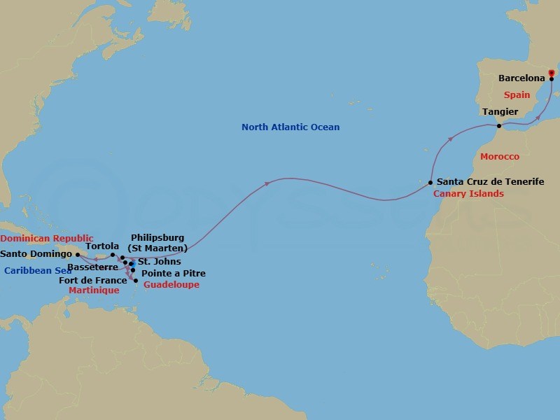 Route map: Pointe-a-Pitre → Basseterre (Saint Kitts) → Road Habour (Tortola) → Santo Domingo → St Johns (Antigua) → Fort-de-France → Pointe-a-Pitre → Philipsburg → Santa Cruz (Tenerife) → Tangier
