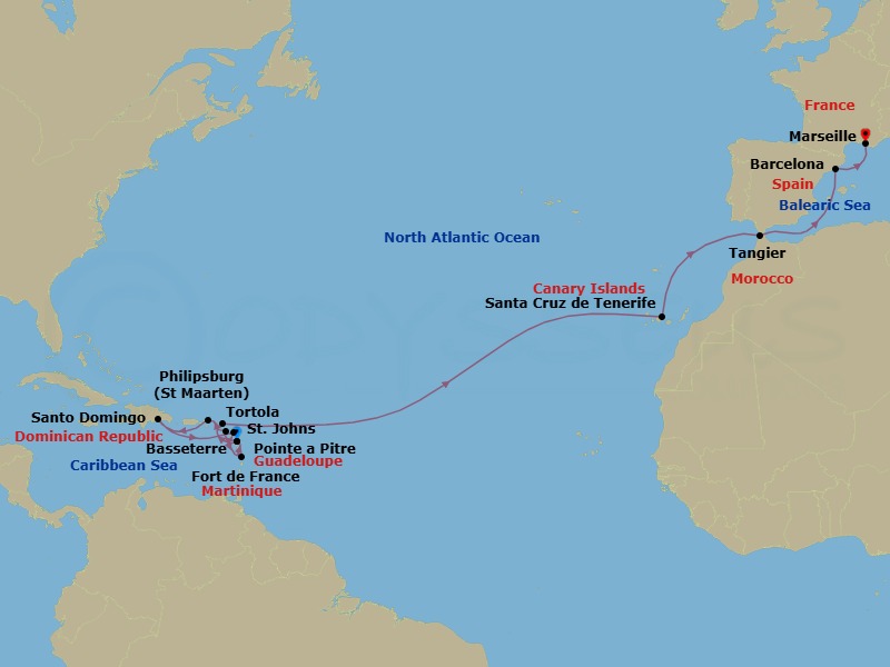 Route map: Pointe-a-Pitre → Basseterre (Saint Kitts) → Road Habour (Tortola) → Santo Domingo → St Johns (Antigua) → Fort-de-France → Pointe-a-Pitre → Philipsburg → Santa Cruz (Tenerife) → Tangier