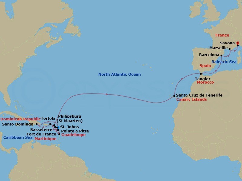 Route map: Pointe-a-Pitre → Basseterre (Saint Kitts) → Road Habour (Tortola) → Santo Domingo → St Johns (Antigua) → Fort-de-France → Pointe-a-Pitre → Philipsburg → Santa Cruz (Tenerife) → Tangier