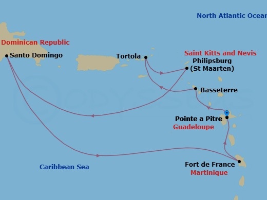 Route map: Pointe-a-Pitre → Basseterre (Saint Kitts) → Road Habour (Tortola) → Philipsburg → Santo Domingo → Fort-de-France → Pointe-a-Pitre