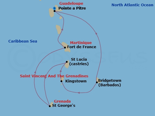 Route map: Pointe-a-Pitre Guadeloupe → Bridgetown Barbados → Kingstown St Vincent & The Grenadines → Castries Saint Lucia → Saint George Grenada → Fort de France Martinique → Pointe-a-Pitre Guadeloupe