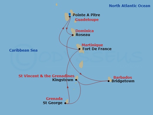 Route map: Pointe-a-Pitre Guadeloupe → Roseau Dominica → Bridgetown Barbados → Kingstown St Vincent & The Grenadines → Saint George Grenada → Fort de France Martinique → Pointe-a-Pitre Guadeloupe
