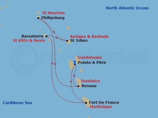 Route map: Pointe-a-Pitre Guadeloupe → Roseau Dominica → Philipsburg St. Maarten → St. John's Antigua and Barbuda → Basseterre St Kitts & Nevis → Fort de France Martinique → Pointe-a-Pitre Guadeloupe