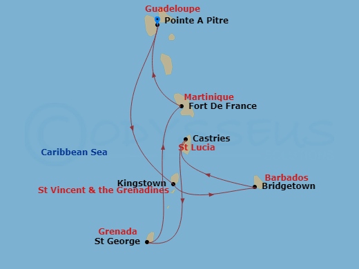 Route map: Pointe-a-Pitre Guadeloupe → Kingstown St Vincent & The Grenadines → Bridgetown Barbados → Castries Saint Lucia → Saint George Grenada → Fort de France Martinique → Pointe-a-Pitre Guadeloupe