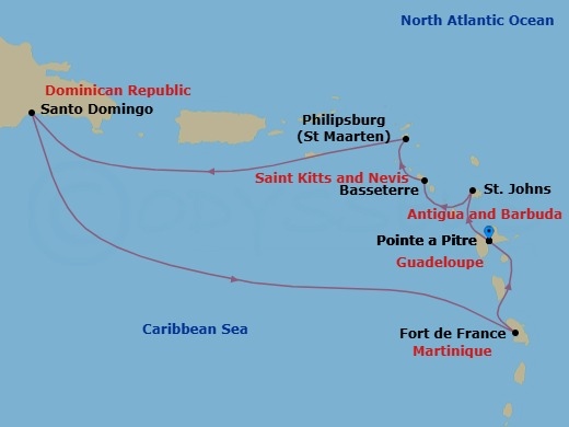 Route map: Pointe-a-Pitre → St Johns (Antigua) → Basseterre (Saint Kitts) → Philipsburg → Santo Domingo → Fort-de-France → Pointe-a-Pitre