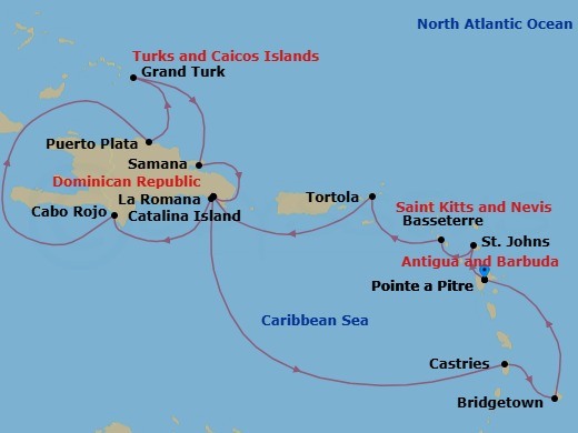Route map: Pointe-a-Pitre → St Johns (Antigua) → Basseterre (Saint Kitts) → Road Habour (Tortola) → La Romana → Catalina Island → Cabo Rojo → PUERTO PLATA → Grand Turks → Arroyo Barril (Samana)