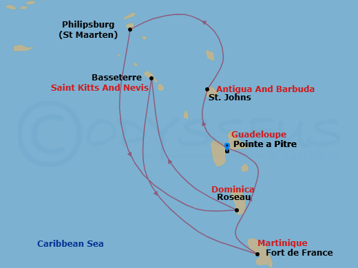 Route map: Pointe-a-Pitre Guadeloupe → St. John's Antigua and Barbuda → Philipsburg St. Maarten → Roseau Dominica → Basseterre St Kitts & Nevis → Fort de France Martinique → Pointe-a-Pitre Guadeloupe
