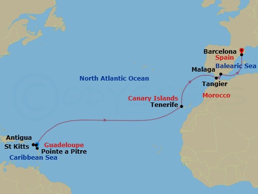 Route map: Guadeloupe (Antilles) → St. Kitts (Antilles) → Antigua (Antilles) → Santa Cruz | Tenerife → Tangier (Morocco) → Malaga (Spain) → Barcelona (Spain)