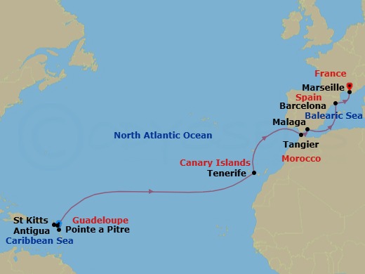 Route map: Guadeloupe (Antilles) → St. Kitts (Antilles) → Antigua (Antilles) → Santa Cruz | Tenerife → Tangier (Morocco) → Malaga (Spain) → Barcelona (Spain) → Balearic Sea Darkest Spot → Marseille (France)