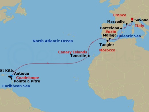 Route map: Guadeloupe (Antilles) → St. Kitts (Antilles) → Antigua (Antilles) → Santa Cruz | Tenerife → Tangier (Morocco) → Malaga (Spain) → Barcelona (Spain) → Balearic Sea Darkest Spot → Marseille (France) → Savona (Italy)