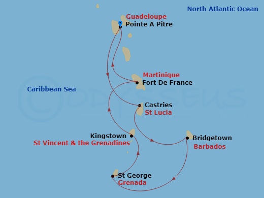 Route map: Pointe-a-Pitre Guadeloupe → Castries Saint Lucia → Bridgetown Barbados → Saint George Grenada → Kingstown St Vincent & The Grenadines → Fort de France Martinique → Pointe-a-Pitre Guadeloupe