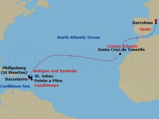 Route map: Pointe a Pitre → St Maarten (Philipsburg) → Basseterre → St. Johns → Santa Cruz de Tenerife → Barcelona