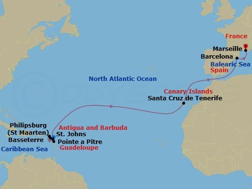 Route map: Pointe a Pitre → St Maarten (Philipsburg) → Basseterre → St. Johns → Santa Cruz de Tenerife → Barcelona → Marseille