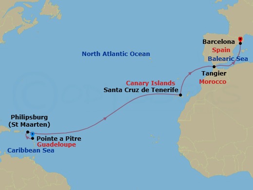 Route map: Pointe-a-Pitre → Philipsburg → Santa Cruz (Tenerife) → Tangier → Barcelona