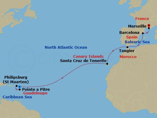Route map: Pointe-a-Pitre → Philipsburg → Santa Cruz (Tenerife) → Tangier → Barcelona → Marseille