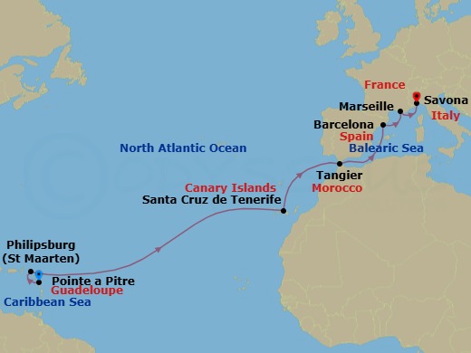 Route map: Pointe-a-Pitre → Philipsburg → Santa Cruz (Tenerife) → Tangier → Barcelona → Marseille → Savona