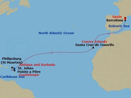 Route map: Pointe a Pitre → St Maarten (Philipsburg) → St. Johns → Santa Cruz de Tenerife → Barcelona
