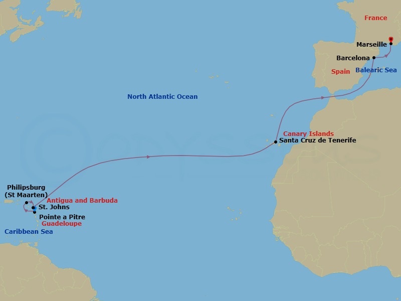 Route map: Pointe a Pitre → St Maarten (Philipsburg) → St. Johns → Santa Cruz de Tenerife → Barcelona → Marseille