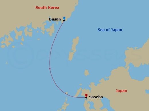 Route map: Busan (South Korea) → Sasebo (Japan)