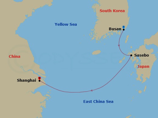 Route map: BUSAN → Sasebo → Shanghai