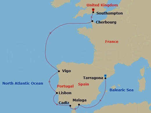 Route map: Tarragona Spain → Malaga (Granada) Spain → Cadiz (Seville) Spain → Lisbon (Cascais) Portugal → Vigo (Santiago de Compostela) Spain → Cherbourg (Mt St Michel) France → Southampton (London) United Kingdom