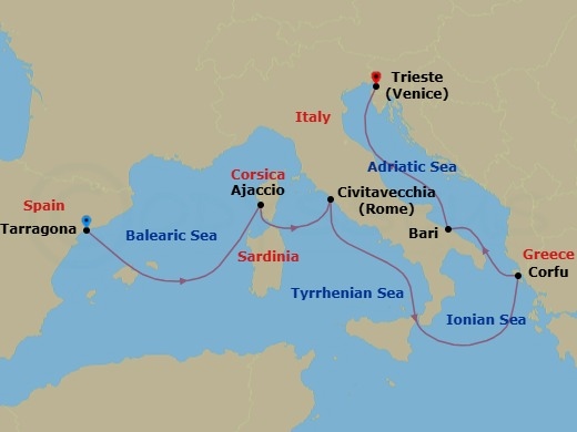 Route map: Tarragona Spain → Ajaccio (Corsica) France → Civitavecchia (Rome) Italy → Corfu Greece → Bari Italy → Trieste (Venice) Italy