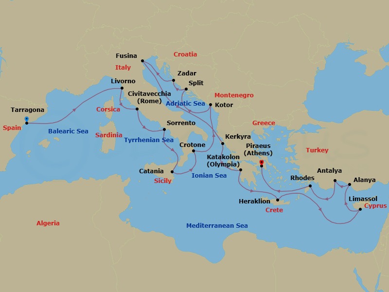 Route map: Tarragona → Livorno → Rome (Civitavecchia) → Sorrento → Catania → Catania, (Sicily) → Kotor → Split → Zadar → Fusina