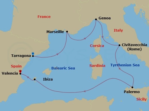 Route map: Tarragona Spain → Marseille (Provence) France → Genoa (Portofino) Italy → Civitavecchia (Rome) Italy → Palermo (Monreale) Italy → Ibiza (Baleari Is) Spain → Valencia Spain