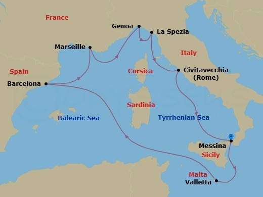 Route map: Messina → Valletta → Barcelona → Marseille → Genoa → La Spezia → Rome (Civitavecchia) → Messina