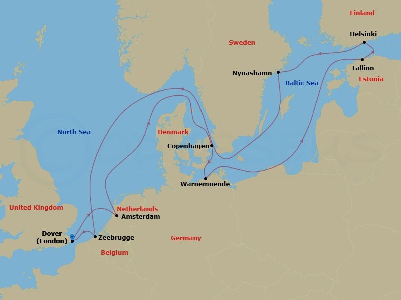 Route map: Dover (London), England → Amsterdam, The Netherlands → Copenhagen, Denmark → Warnemunde (Berlin), Germany → Tallinn, Estonia → Helsinki, Finland → Nynashamn (Stockholm), Sweden → Zeebrugge (Brussels), Belgium → Dover (London), England