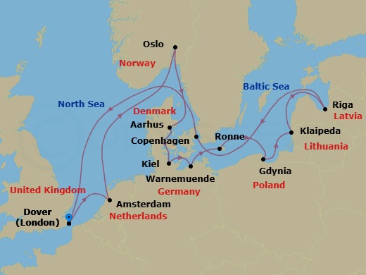 Route map: Dover (London), England, UK → Amsterdam, The Netherlands → Oslo, Norway → Aarhus, Denmark → Kiel (Hamburg), Germany → Warnemunde (Berlin), Germany → Ronne (Bornholm), Denmark → Gdynia (Gdansk), Poland → Klaipeda, Lithuania → Riga, Latvia
