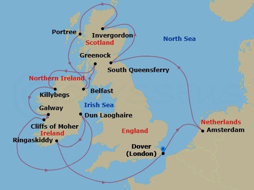 Route map: Dover (London), England, UK → Amsterdam, The Netherlands → South Queensferry (Edinburgh), Scotland, United Kingdom → Invergordon (Inverness), Scotland, United Kingdom → Portree (Isle of Skye), Scotland, United Kingdom → Belfast, Northern Ireland, United Kingdom → Greenock (Glasgow), Scotland, United Kingdom → Killybegs, Donegal, Ireland → Galway, Ireland → Dun Laoghaire (Dublin), Ireland