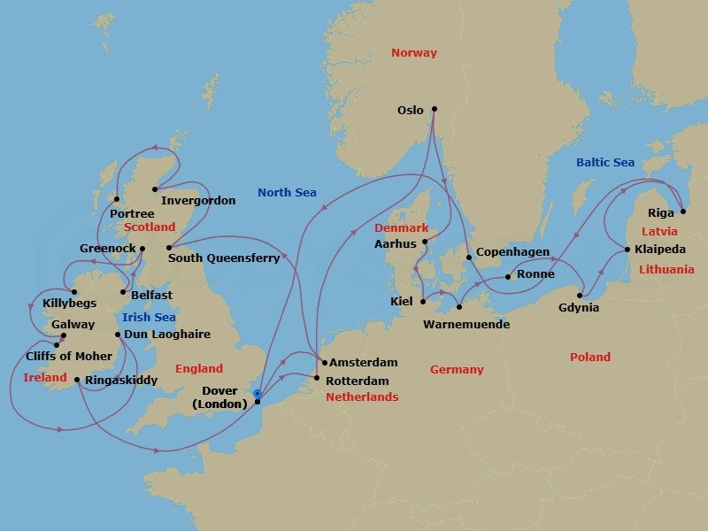 Route map: Dover (London), England, UK → Amsterdam, The Netherlands → South Queensferry (Edinburgh), Scotland, United Kingdom → Invergordon (Inverness), Scotland, United Kingdom → Portree (Isle of Skye), Scotland, United Kingdom → Belfast, Northern Ireland, United Kingdom → Greenock (Glasgow), Scotland, United Kingdom → Killybegs, Donegal, Ireland → Galway, Ireland → Dun Laoghaire (Dublin), Ireland