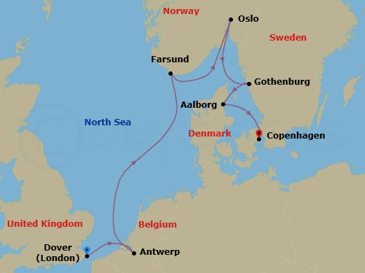 Route map: Dover (London), England, UK → Antwerp, Belgium → Farsund, Norway → Oslo, Norway → Gothenburg, Sweden → Aalborg, Denmark → Copenhagen, Denmark