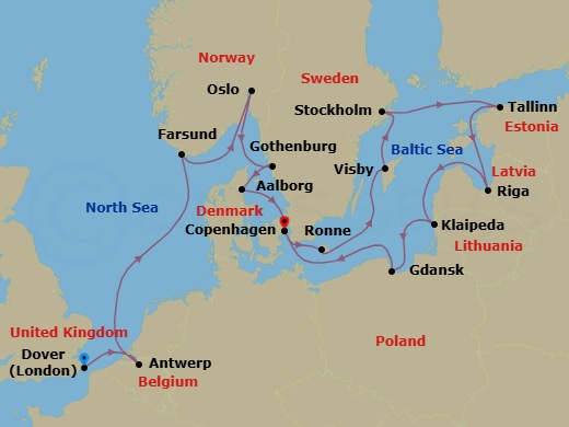 Route map: Dover (London), England, UK → Antwerp, Belgium → Farsund, Norway → Oslo, Norway → Gothenburg, Sweden → Aalborg, Denmark → Copenhagen, Denmark → Ronne (Bornholm), Denmark → Visby, Gotland, Sweden → Stockholm, Sweden
