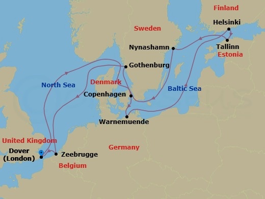 Route map: Dover (London), England → Copenhagen, Denmark → Warnemunde (Berlin), Germany → Helsinki, Finland → Tallinn, Estonia → Nynashamn (Stockholm), Sweden → Gothenburg, Sweden → Zeebrugge (Brussels), Belgium → Dover (London), England