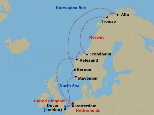 Route map: Dover (London), England, UK → Rotterdam, The Netherlands → Alesund, Norway → Trondheim, Norway → Tromso, Norway → Alta, Norway → Bergen, Norway → Stavanger, Norway → Dover (London), England, UK → Rotterdam, The Netherlands