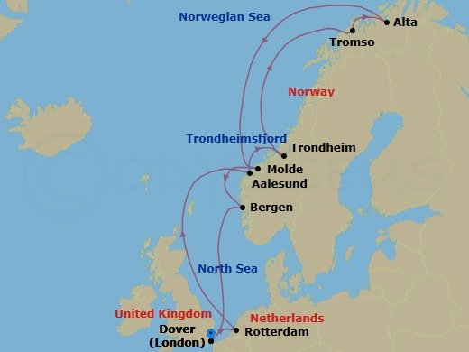 Route map: Dover (London), England, UK → Rotterdam, The Netherlands → Alesund, Norway → Trondheim, Norway → Tromso, Norway → Alta, Norway → Molde, Norway → Bergen, Norway → Dover (London), England, UK