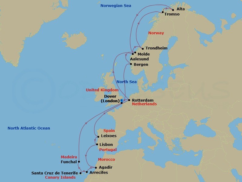 Route map: Dover (London), England, UK → Rotterdam, The Netherlands → Alesund, Norway → Trondheim, Norway → Tromso, Norway → Alta, Norway → Molde, Norway → Bergen, Norway → Dover (London), England, UK → Rotterdam, The Netherlands