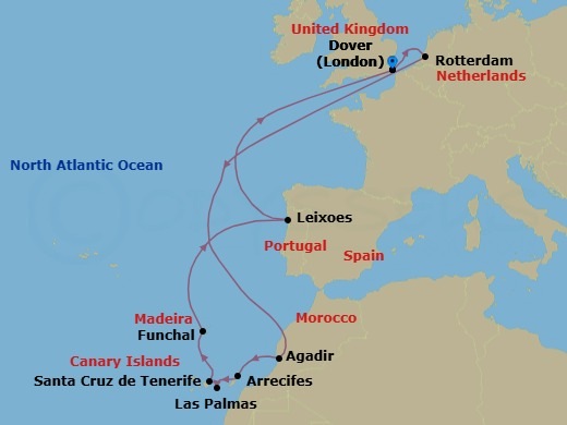 Route map: Dover (London), England, UK → Rotterdam, The Netherlands → Agadir, Morocco → Arrecife, Lanzarote, Canary Islands, Spain → Las Palmas, Gran Canaria, Canary Islands, Spain → Santa Cruz (Tenerife), Canary Islands, Spain → Funchal (Madeira), Portugal → Leixoes (Porto), Portugal → Dover (London), England, UK